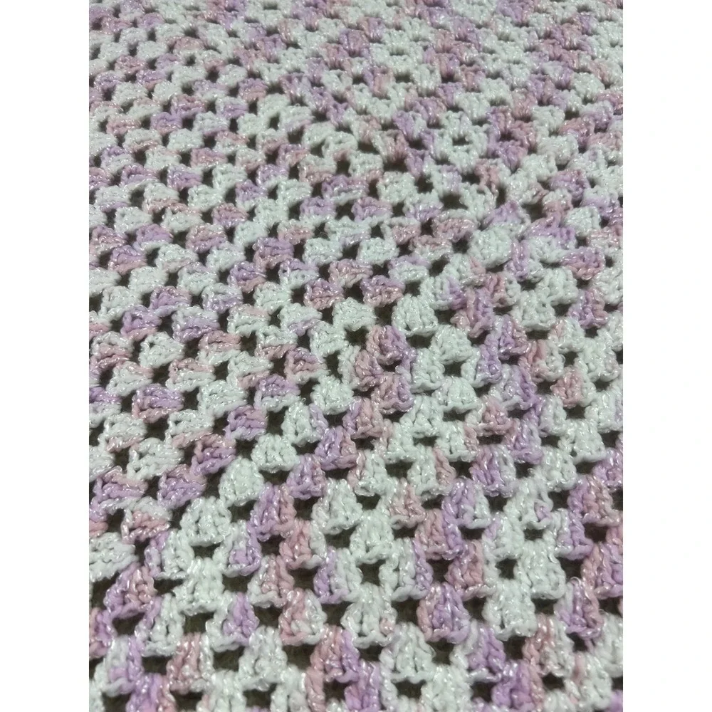 Handmade Crochet Baby Blanket White Pink Lavender Sparkle Accent‎ Afghan 32X32